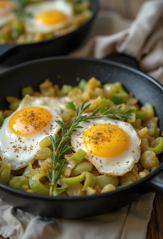 Prebiotic leek and egg skillet with sour cream, decorated with fresh parsley