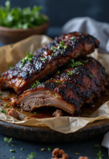 Smoked buffalo ribs served on a rustic platter with barbecue sauce.