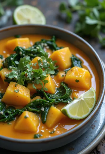 Butternut squash curry with spinach served