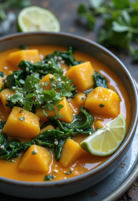 Butternut squash curry with spinach served