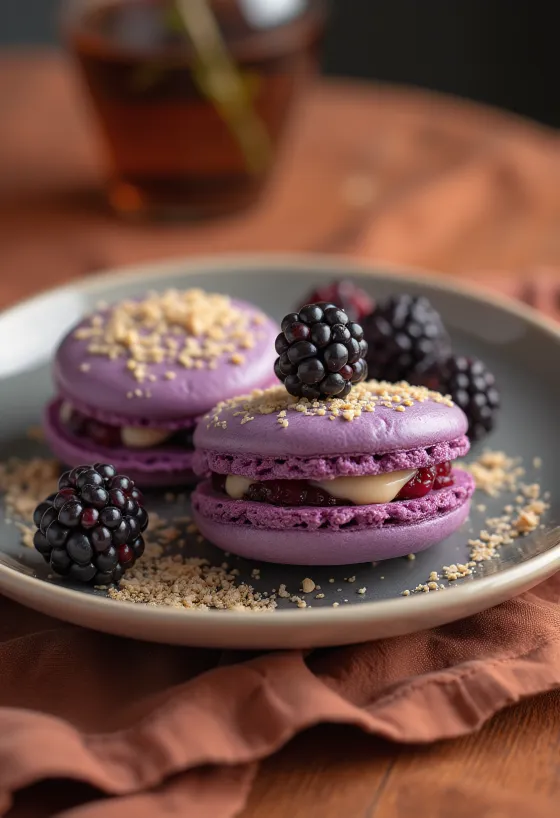 Blackberry cream and almond macarons