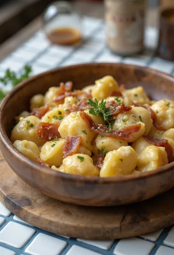 Strapachka with sheep's cheese and crispy fried bacon cubes