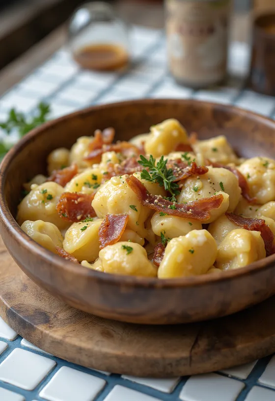 Strapachka with sheep's cheese and crispy fried bacon cubes
