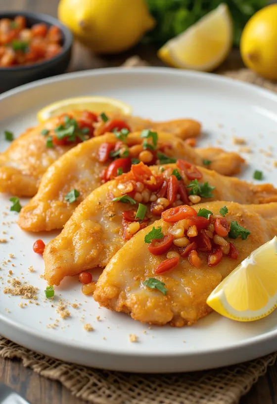 Tilapia fry with chilli served, garnished with fresh coriander