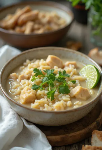 Coconut Arroz Caldo with chicken, served with fresh coriander