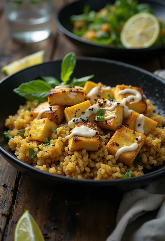 Grilled tofu quinoa wok with curry tahini served