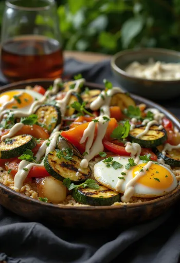 Grilled vegetables with tahini dressing, garnished with parsley