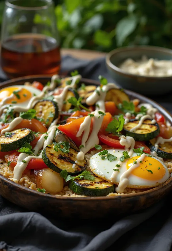 Grilled vegetables with tahini dressing, garnished with parsley