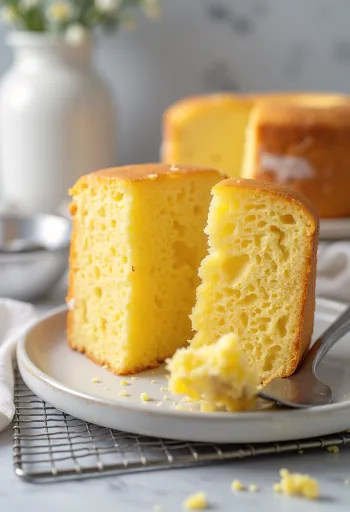 Homemade sponge cake cut into slices, with a golden brown top layer