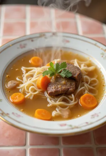 Meat soup served with fresh vegetables and noodles