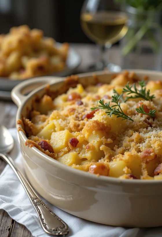 Meaty Janssons frestelse, a rich and creamy Swedish dish with potatoes and smoked meat