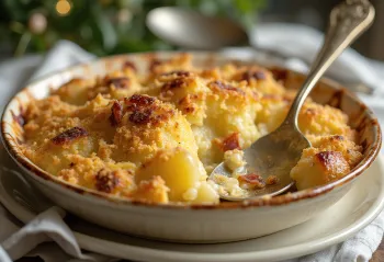 Meaty Janssons frestelse, a rich and creamy Swedish dish with potatoes and smoked meat