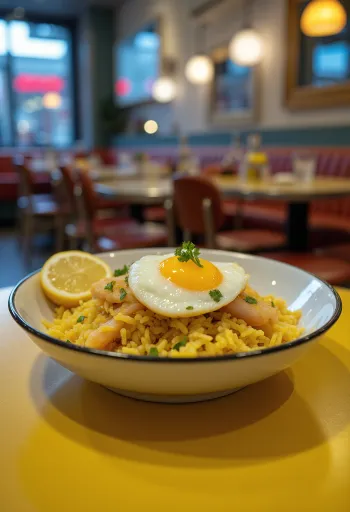 Smoked haddock kedgeree served in a bowl with eggs and parsley.