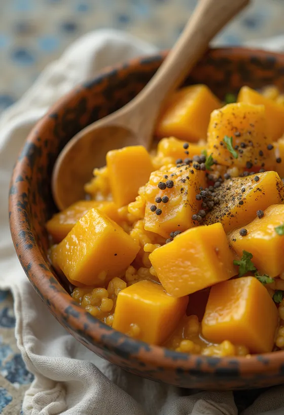 Butternut squash curry with sweet potato served