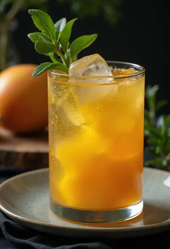 Australian mango cider in a glass garnished with lime