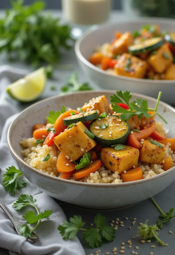 Grilled tofu stir-fry with curry quinoa base