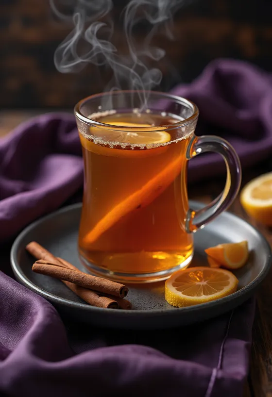 Hot Toddy drink decorated with a cinnamon stick and lemon slice