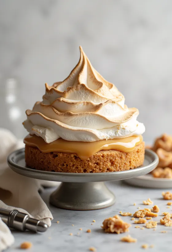 Caramel meringue cake with blow-torch caramelised meringue