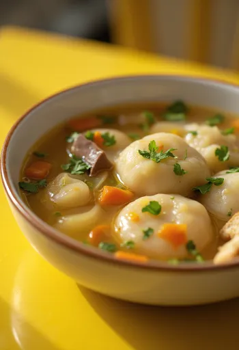 Traditional liver dumpling soup, served with vegetables and parsley.