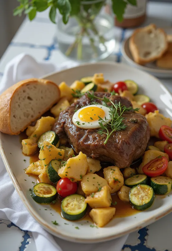 Veal shank served on a plate with roasted courgette and tomatoes