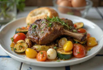 Veal shank served on a plate with roasted courgette and tomatoes