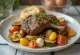 Veal shank served on a plate with roasted courgette and tomatoes