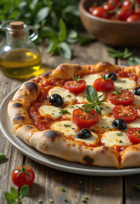 Pizza alla Barese with tomatoes and black olives