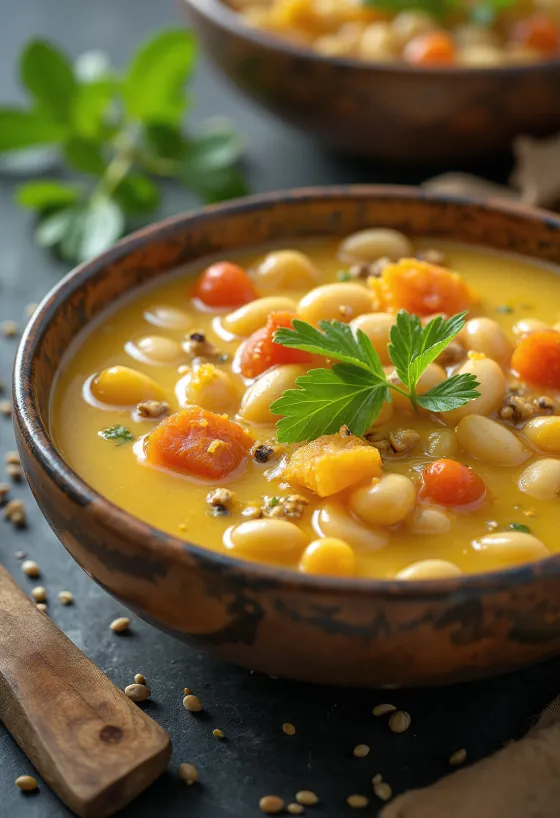Mung Bean Rasam, rich Indian spicy soup, served with tamarind paste and fresh coriander