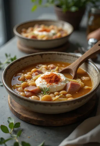 Sauerkraut bean soup served with smoked meat and fresh herbs