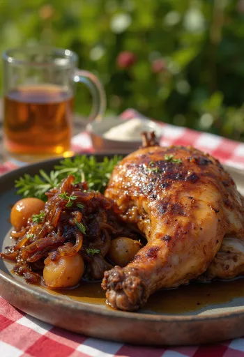 Roasted duck served with caramelised onions