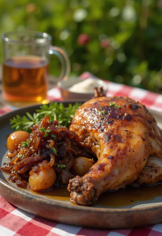 Roasted duck served with caramelised onions