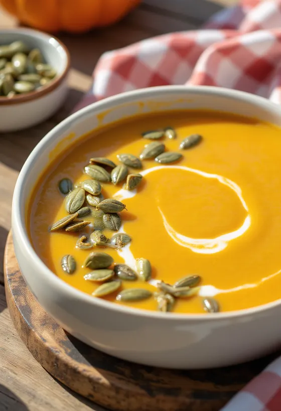 Roasted pumpkin soup with toasted seeds served