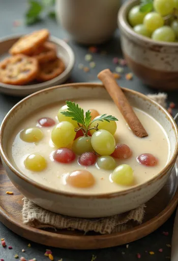 Cooling grape soup decorated with fresh grapes and mint