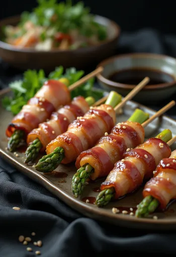 Asparagus bacon yakitori - asparagus wrapped in bacon with fresh vegetables