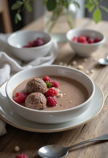 Chocolate Tangyuan, served with almond milk, fresh fruit and chocolate sauce