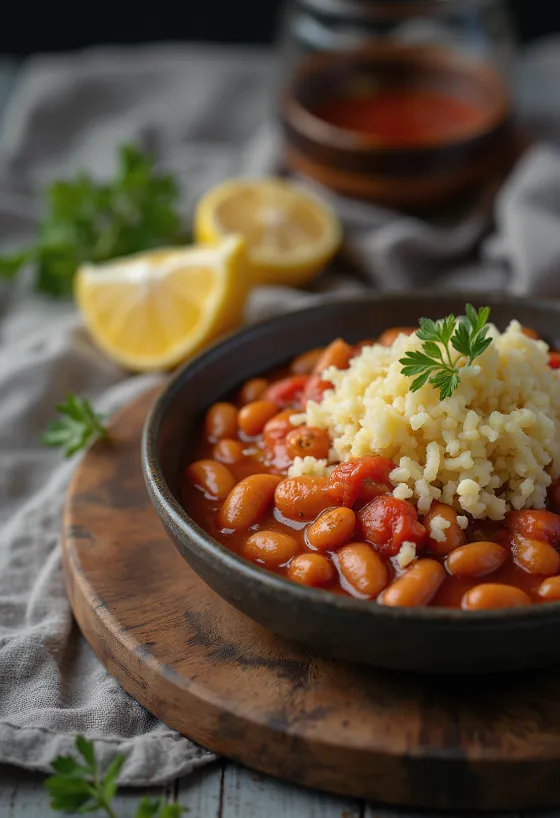 Gigantes Plaki with fresh parsley, served with fresh bread