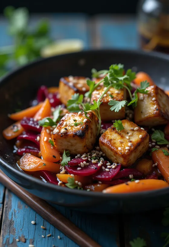 Grilled tofu stir-fry with beetroot