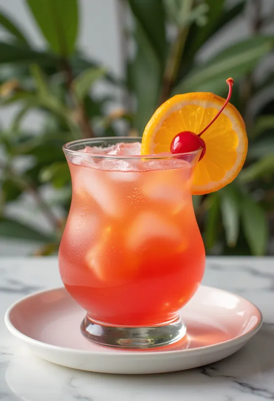 Hurricane cocktail decorated with an orange slice and cocktail cherry