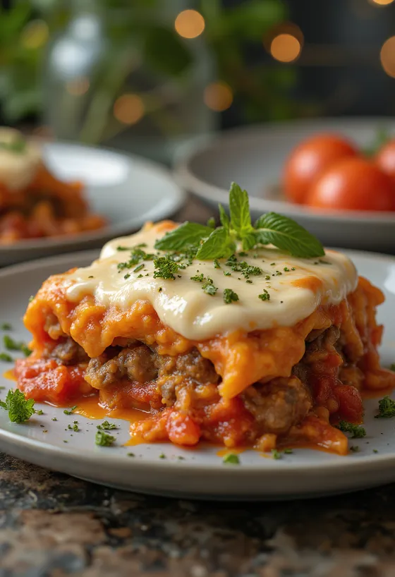 Moussaka with tomato, meat and curd cheese layers