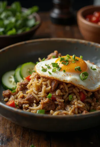 Nasi Goreng with beef served with fried egg