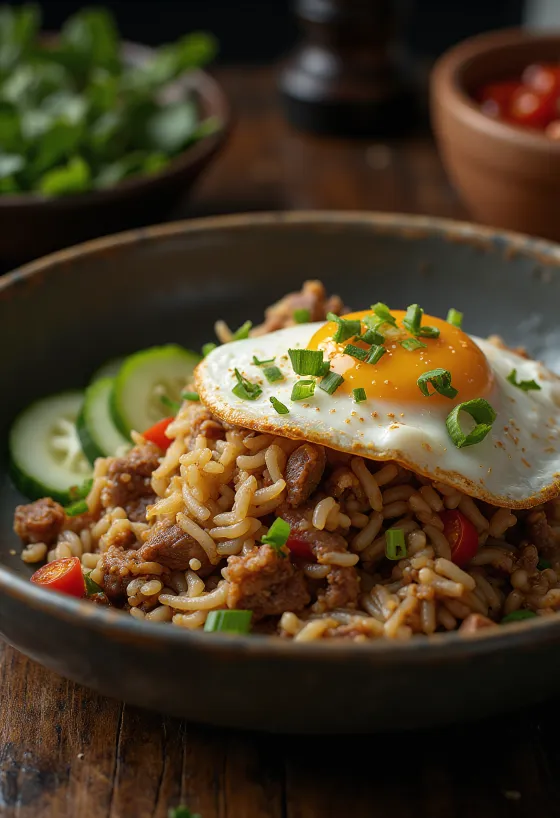 Nasi Goreng with beef served with fried egg