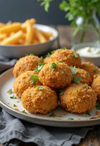 Golden fried breaded mushroom caps in crispy coating, served with fresh salad and tartare sauce.