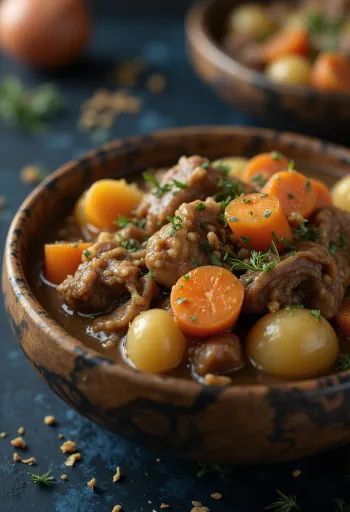 Squirrel stew served in a rustic bowl with fresh bread.
