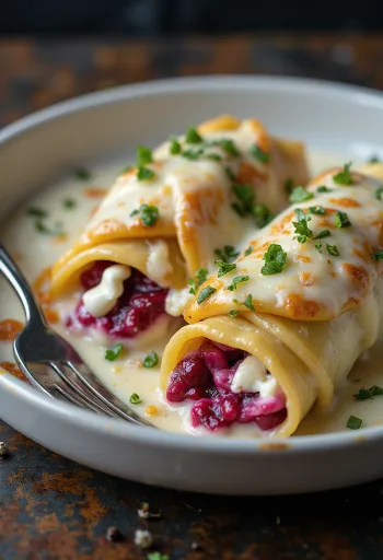 Roasted beetroot and goats' cheese cannelloni with creamy sauce