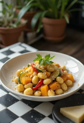Butternut squash gnocchi with vegetables served
