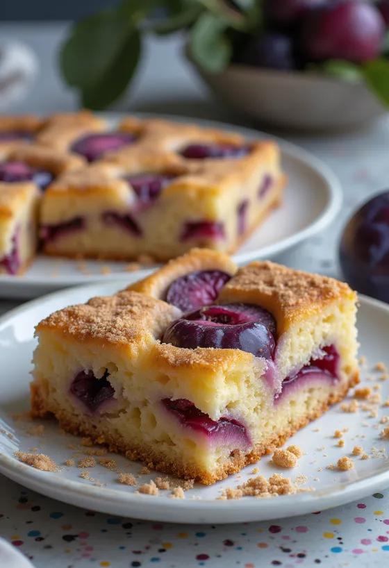 Fresh plum traybake with crisp pastry and ripe plum slices