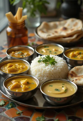 Maharashtra style Thali served with fresh coriander and chilli slices
