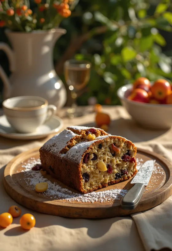 English fruit cake with dried fruits and dusted with icing sugar