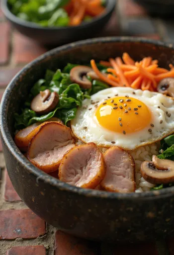 Pork Bibimbap, Korean bowl dish accompanied by rice and vegetables