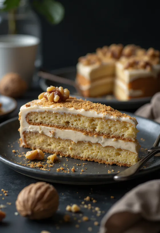 Walnut cream layer cake served on a plate